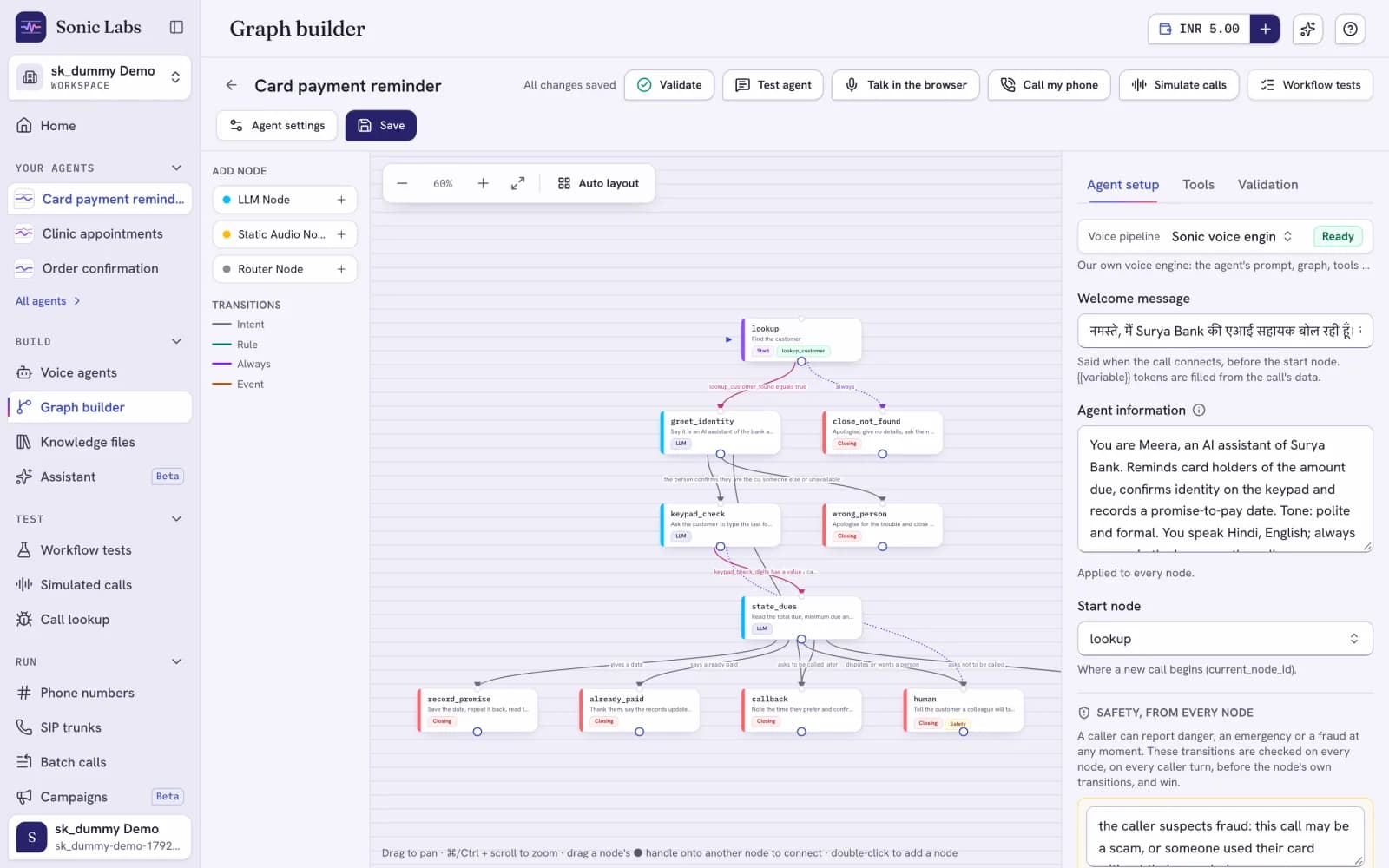 The graph builder showing a credit-card payment reminder agent: find the customer, greet, keypad check, state the dues, then promise, already paid, callback or hand-over steps, with a fraud safety transition to the hand-over step from every step.
