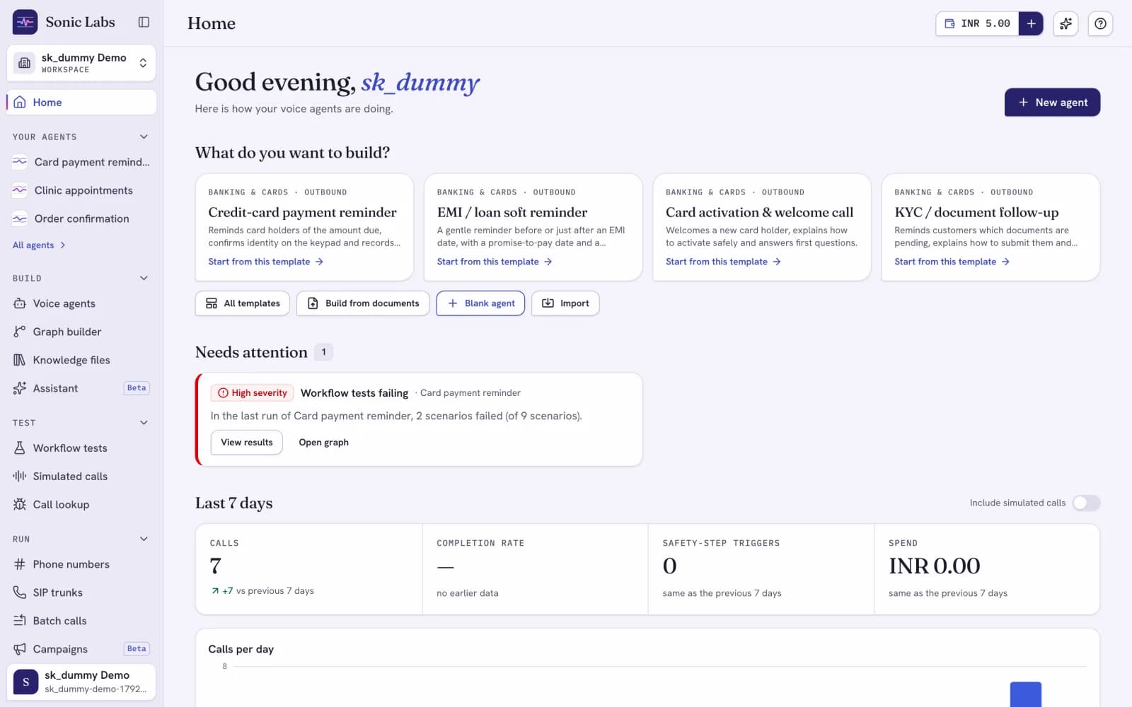The dashboard home page for a test workspace with card payment, clinic and order agents: template shortcuts, a failing-tests alert and the last seven days' calls, completion rate, safety-step triggers and spend.